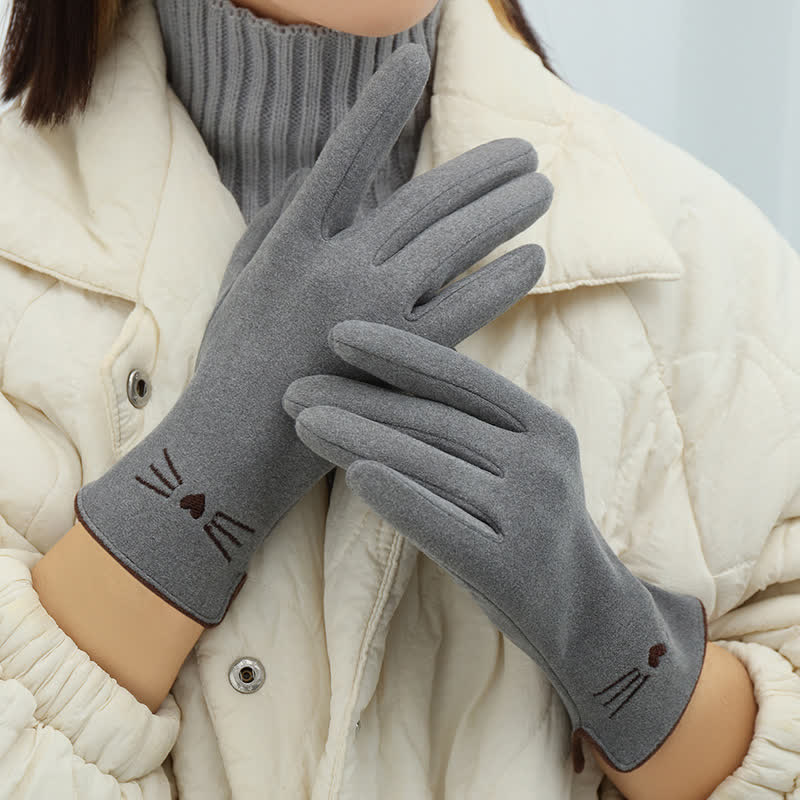 Damenhandschuhe mit süßer Katzenstickerei und Touchscreen-Fingerspitze - Grau - image 3