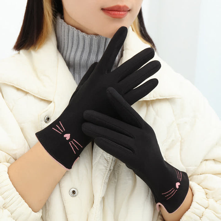 Damenhandschuhe mit süßer Katzenstickerei und Touchscreen-Fingerspitze - Schwarz - image 9