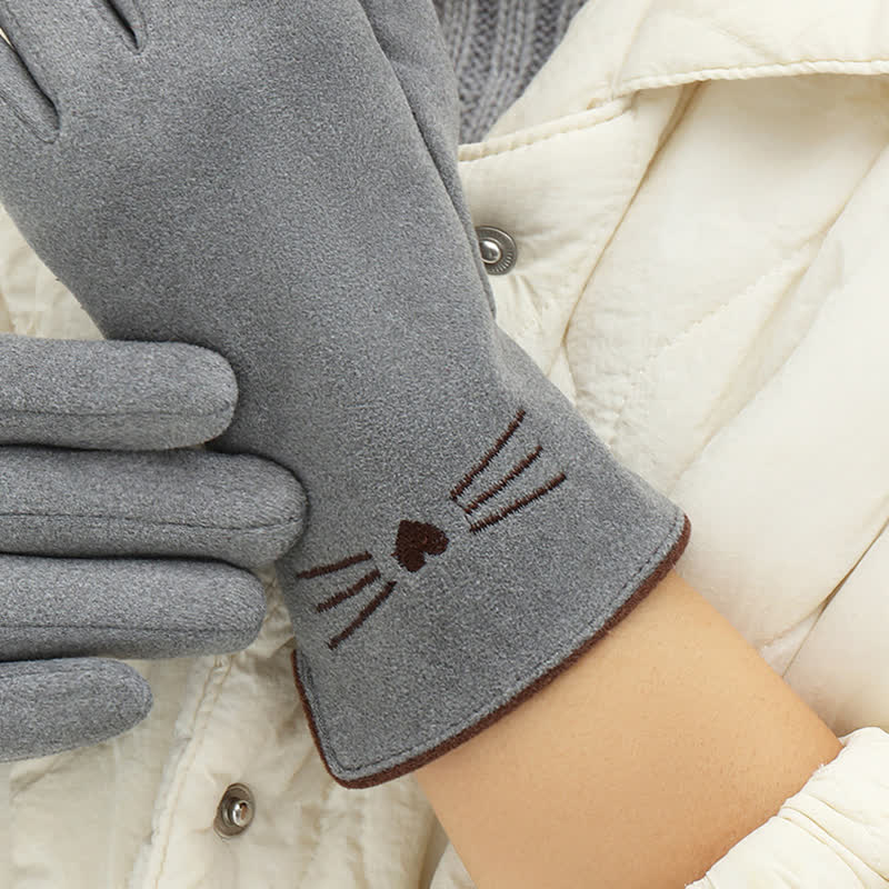 Damenhandschuhe mit süßer Katzenstickerei und Touchscreen-Fingerspitze - image 5