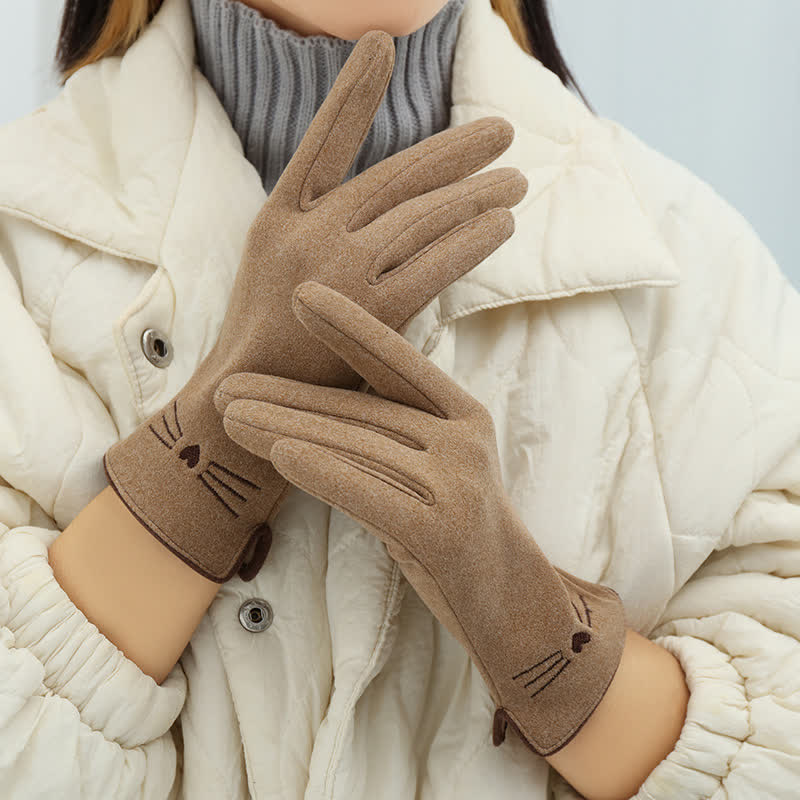 Damenhandschuhe mit süßer Katzenstickerei und Touchscreen-Fingerspitze - Khaki - image 0