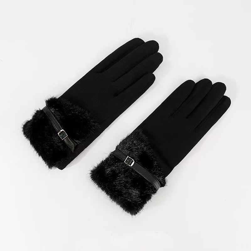 Damenhandschuhe aus Wildleder mit Plüschmanschette und Metalldekor - Schwarz - image 3