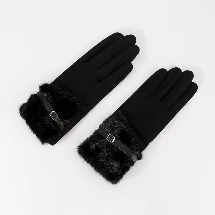 Damenhandschuhe aus Wildleder mit Plüschmanschette und Metalldekor - Schwarz - image 3