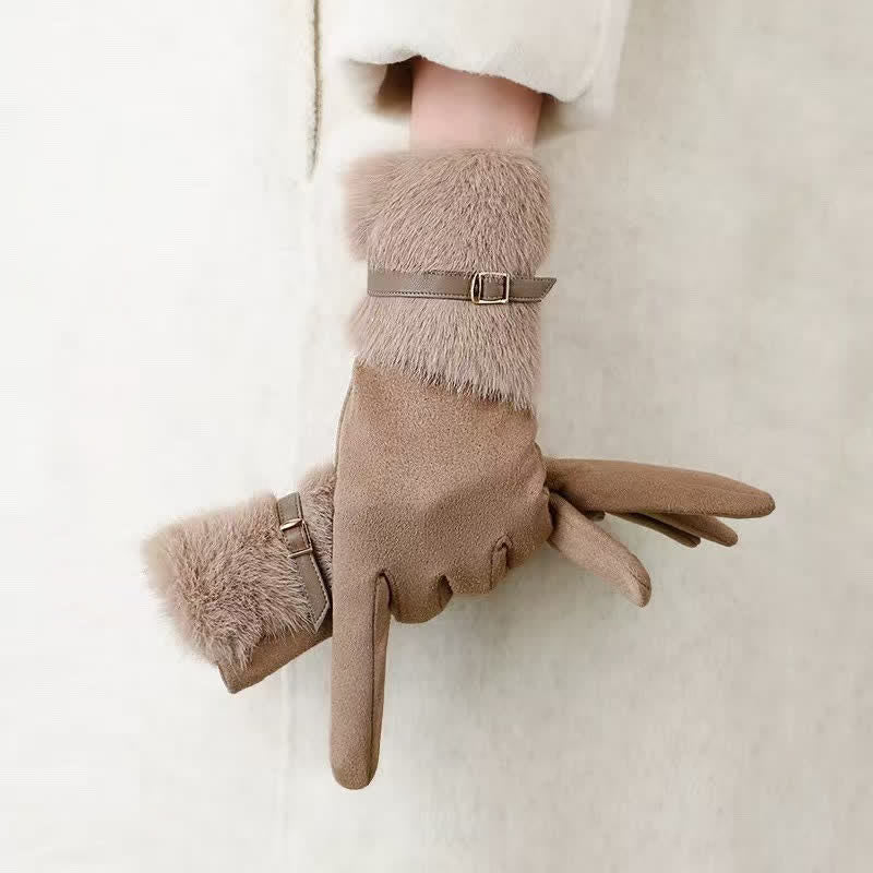 Damenhandschuhe aus Wildleder mit Plüschmanschette und Metalldekor - Dunkles Khaki - image 0