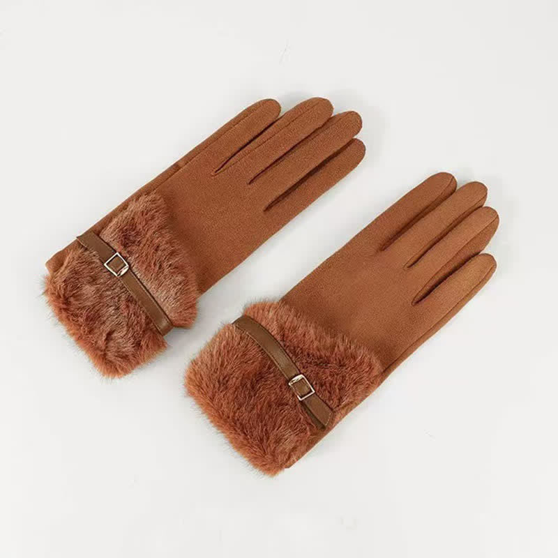 Damenhandschuhe aus Wildleder mit Plüschmanschette und Metalldekor - Karamell - image 4