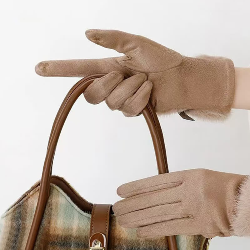 Damenhandschuhe aus Wildleder mit Plüschmanschette und Metalldekor - image 1