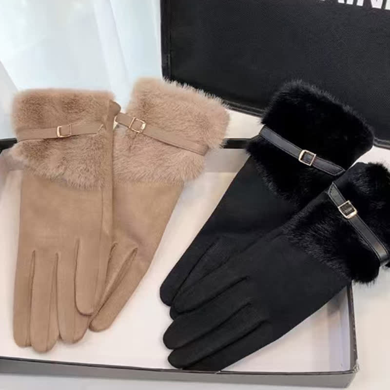 Damenhandschuhe aus Wildleder mit Plüschmanschette und Metalldekor - image 2