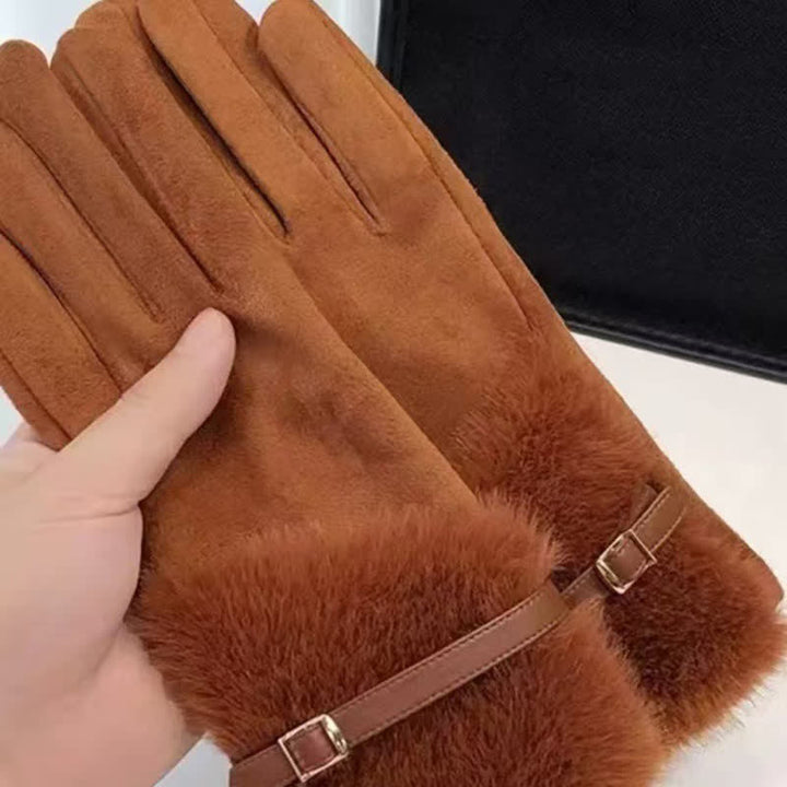 Damenhandschuhe aus Wildleder mit Plüschmanschette und Metalldekor - image 5