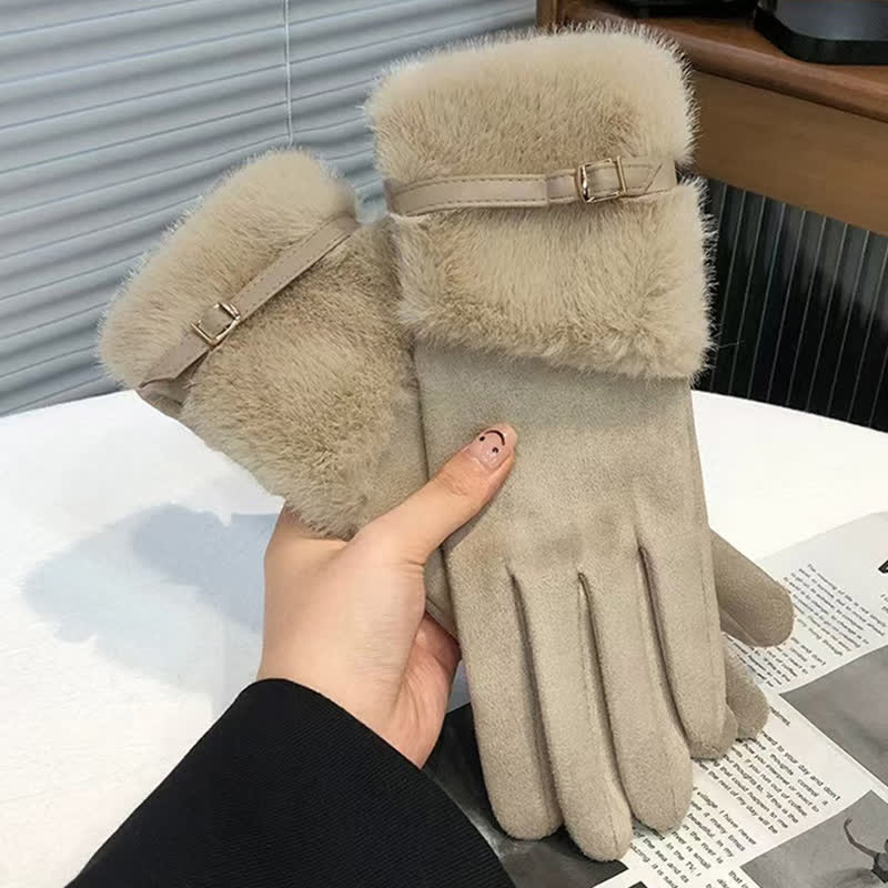 Damenhandschuhe aus Wildleder mit Plüschmanschette und Metalldekor - Khaki - image 6