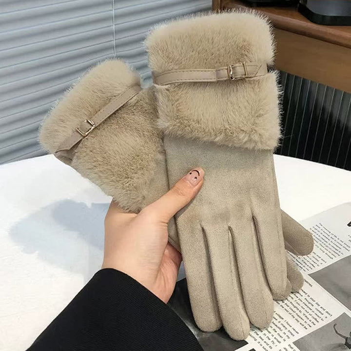 Damenhandschuhe aus Wildleder mit Plüschmanschette und Metalldekor - Khaki - image 6
