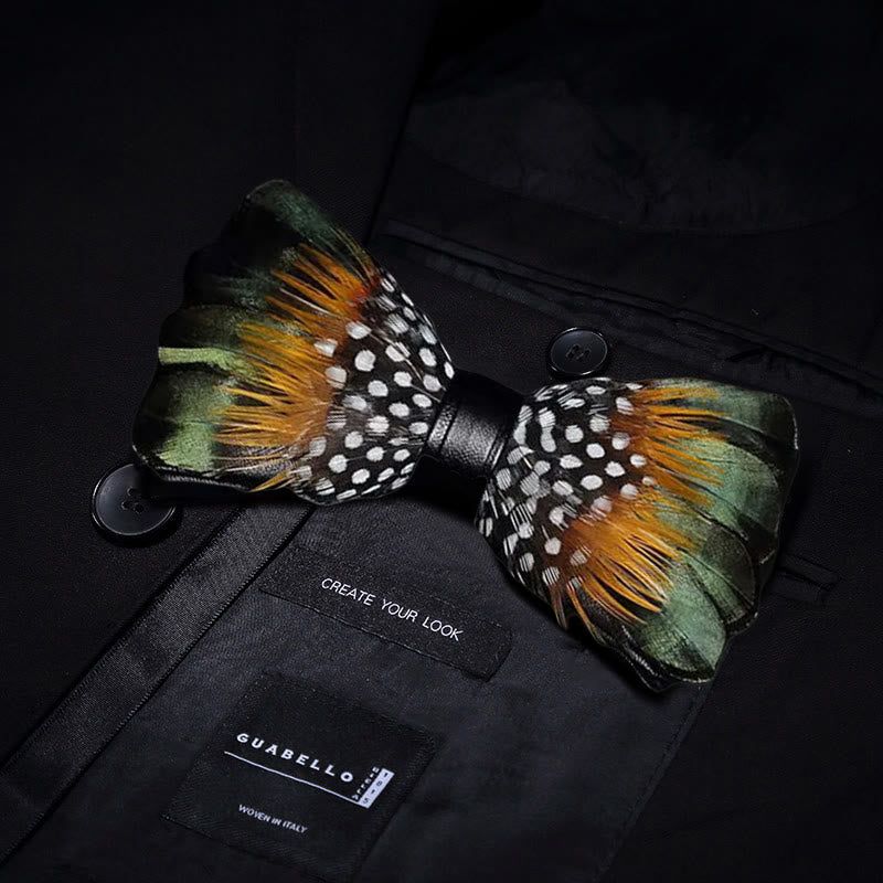 ForestGreen & Orange Vintage Feder Fliege mit Reversnadel - image 1