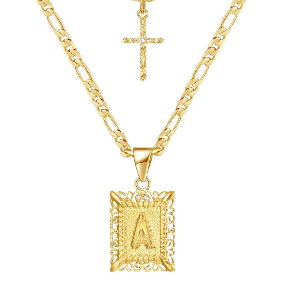 Goldene quadratische Buchstaben- und Kreuz-Halskette mit Doppelkette - A - image 2