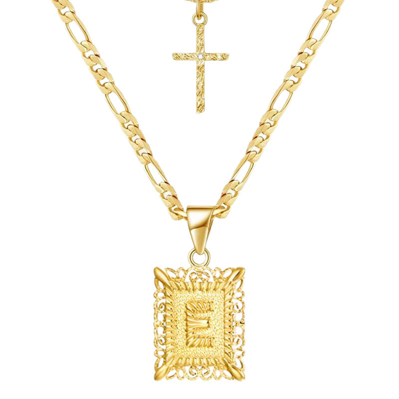 Goldene quadratische Buchstaben- und Kreuz-Halskette mit Doppelkette - E - image 7