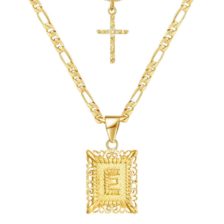 Goldene quadratische Buchstaben- und Kreuz-Halskette mit Doppelkette - E - image 7