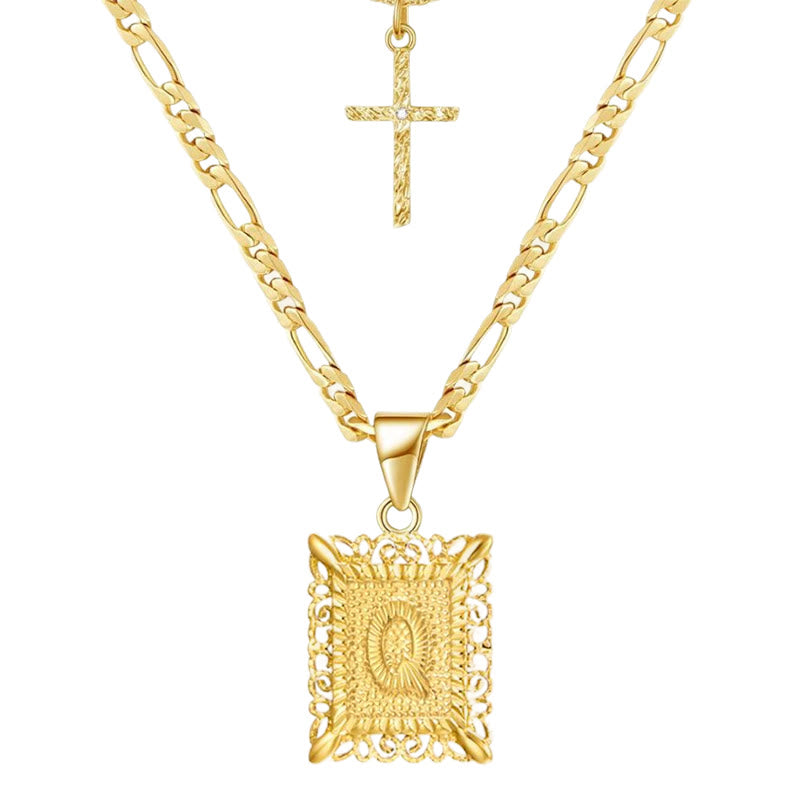 Goldene quadratische Buchstaben- und Kreuz-Halskette mit Doppelkette - Q - image 19