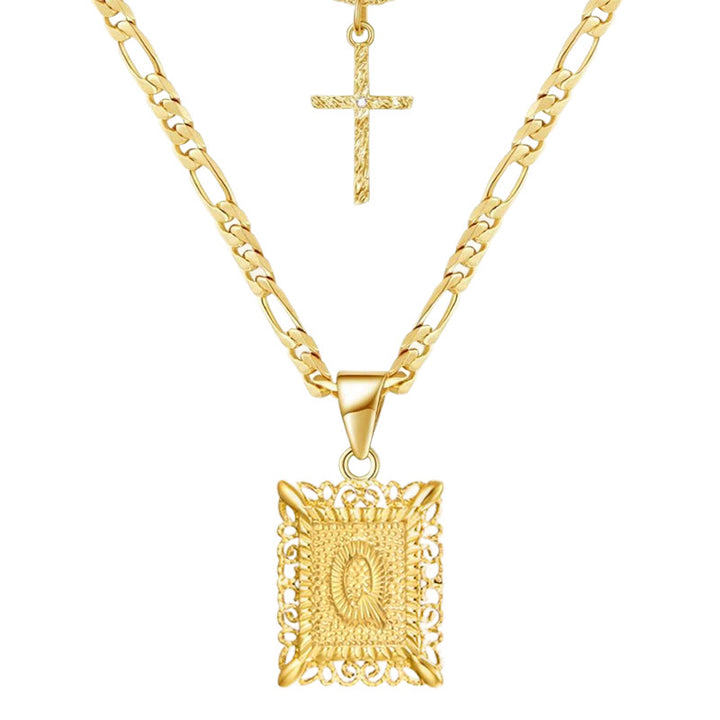 Goldene quadratische Buchstaben- und Kreuz-Halskette mit Doppelkette - Q - image 19