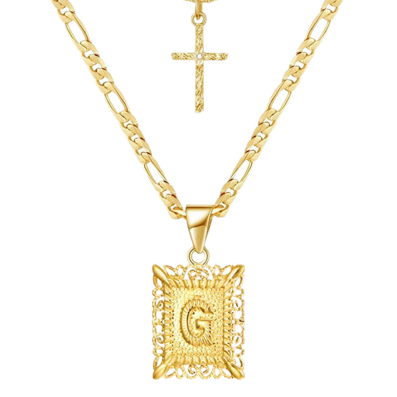 Goldene quadratische Buchstaben- und Kreuz-Halskette mit Doppelkette - G - image 9