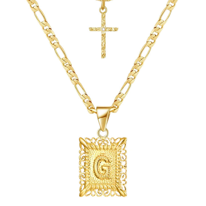 Goldene quadratische Buchstaben- und Kreuz-Halskette mit Doppelkette - G - image 9