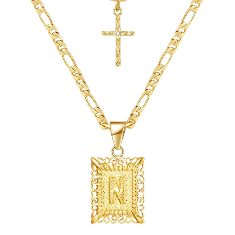 Goldene quadratische Buchstaben- und Kreuz-Halskette mit Doppelkette - N - image 16
