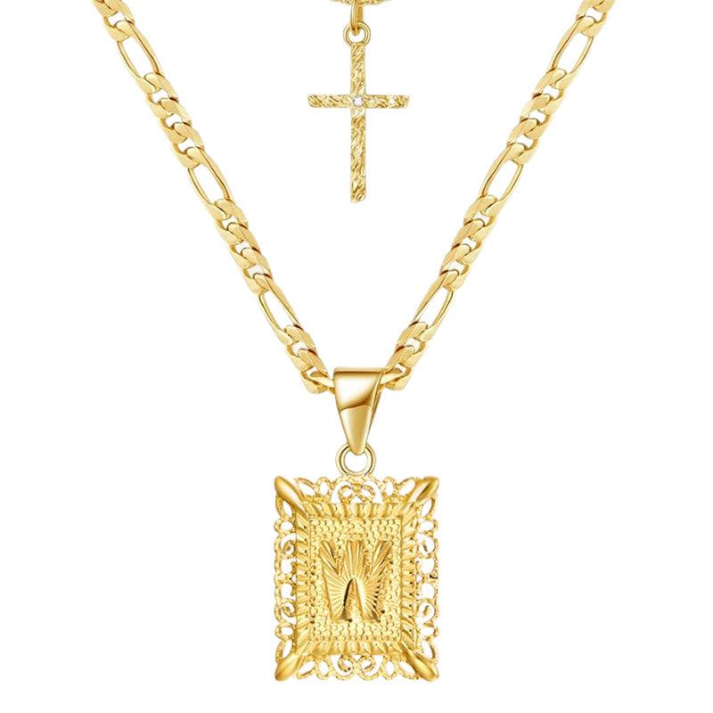 Goldene quadratische Buchstaben- und Kreuz-Halskette mit Doppelkette - W - image 25