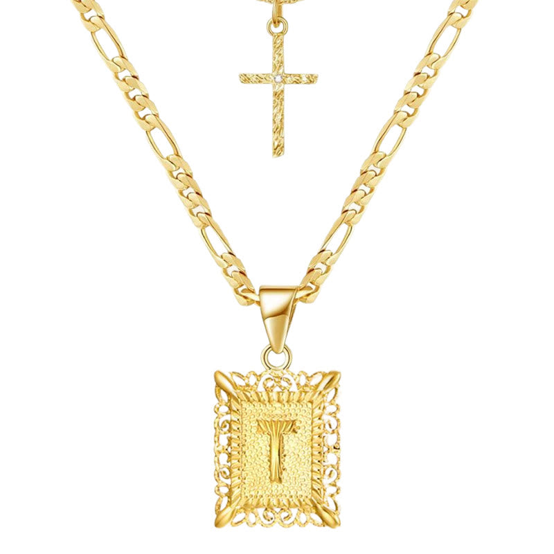 Goldene quadratische Buchstaben- und Kreuz-Halskette mit Doppelkette - T - image 22