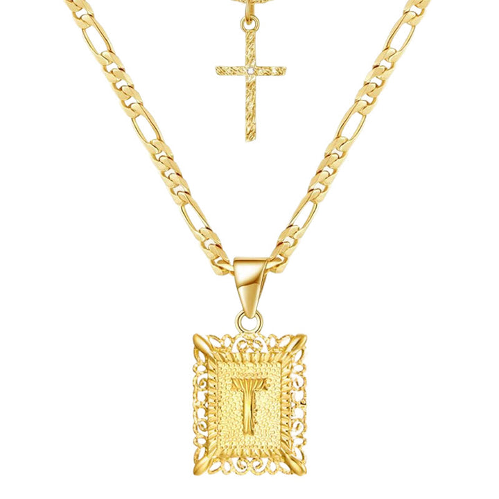 Goldene quadratische Buchstaben- und Kreuz-Halskette mit Doppelkette - T - image 22