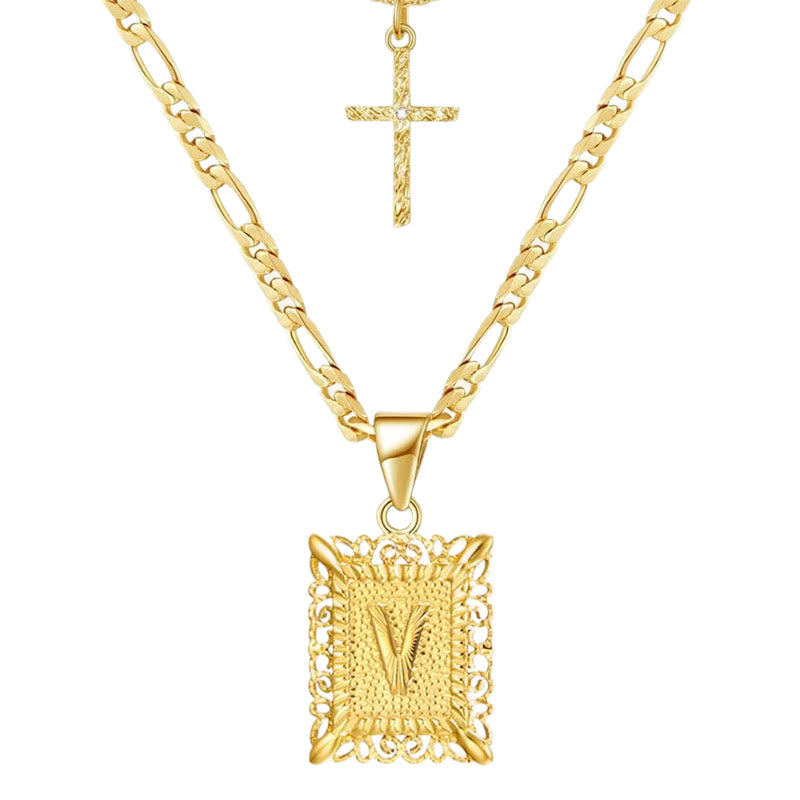 Goldene quadratische Buchstaben- und Kreuz-Halskette mit Doppelkette - V - image 24