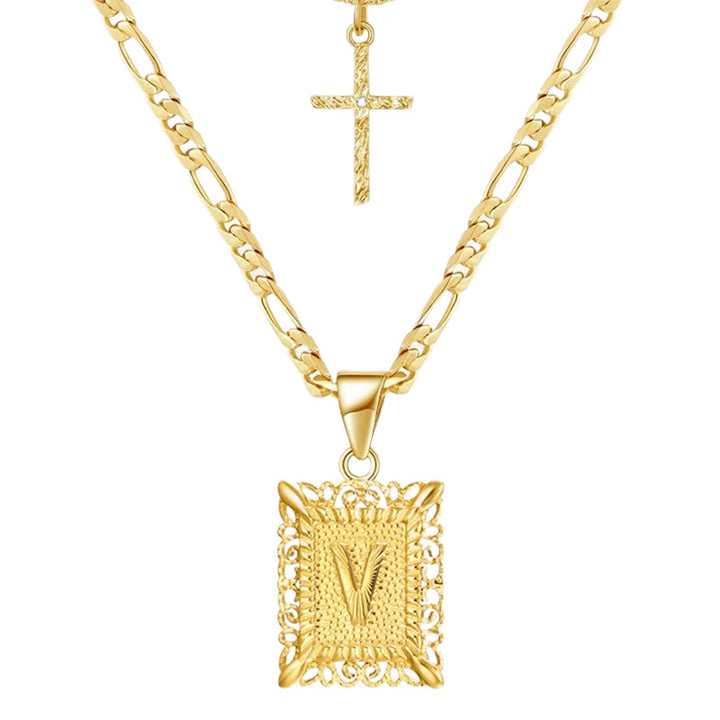 Goldene quadratische Buchstaben- und Kreuz-Halskette mit Doppelkette - V - image 24