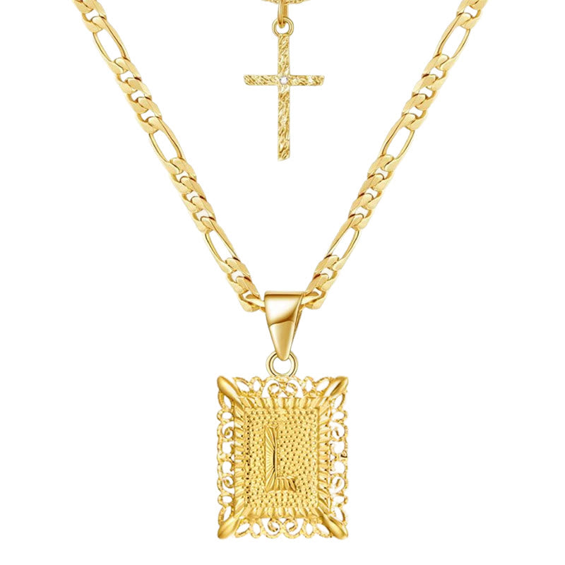 Goldene quadratische Buchstaben- und Kreuz-Halskette mit Doppelkette - L - image 14