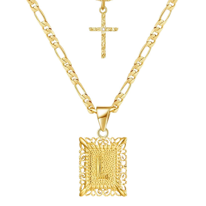 Goldene quadratische Buchstaben- und Kreuz-Halskette mit Doppelkette - L - image 14