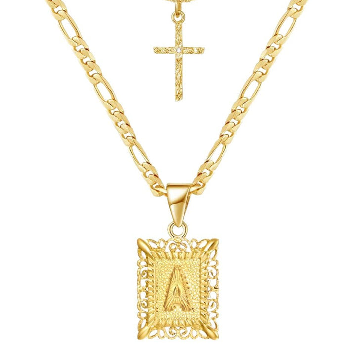 Goldene quadratische Buchstaben- und Kreuz-Halskette mit Doppelkette - A - image 2