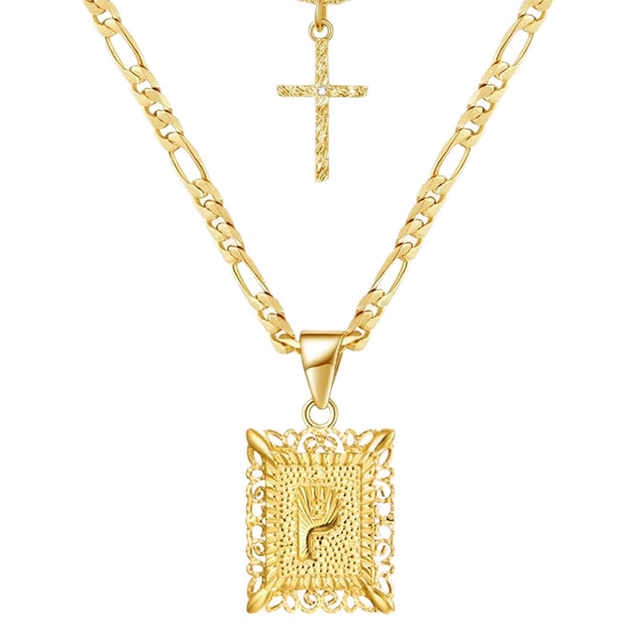 Goldene quadratische Buchstaben- und Kreuz-Halskette mit Doppelkette - P - image 18
