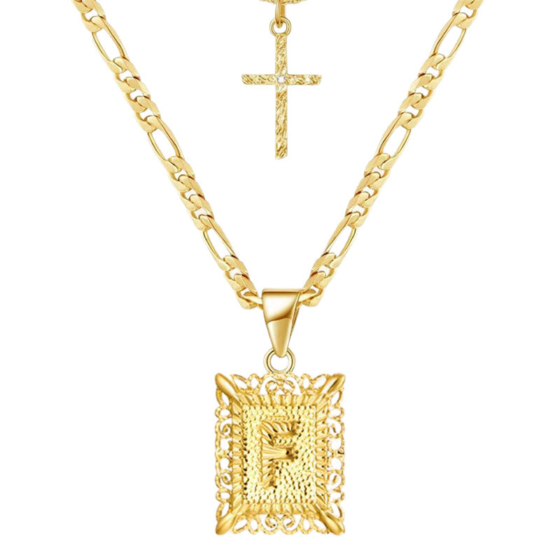 Goldene quadratische Buchstaben- und Kreuz-Halskette mit Doppelkette - F - image 8