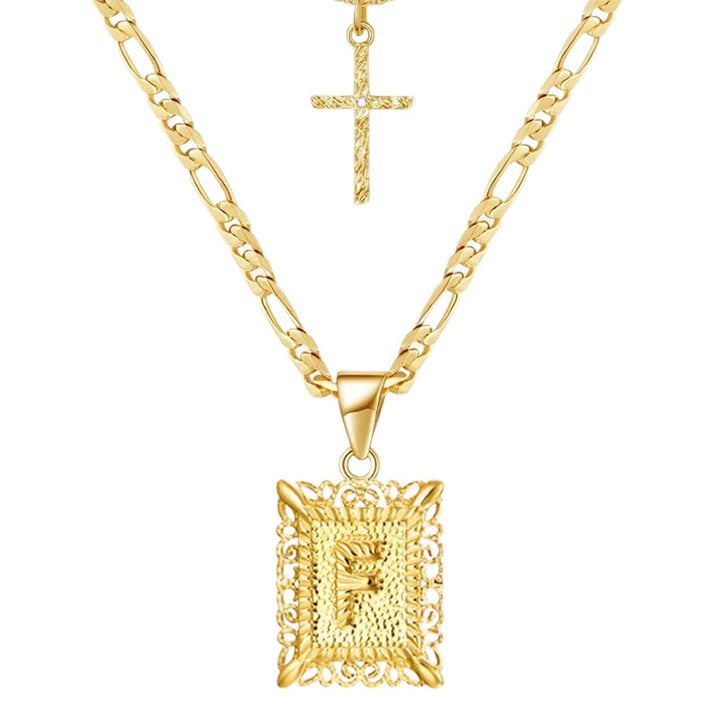 Goldene quadratische Buchstaben- und Kreuz-Halskette mit Doppelkette - F - image 8