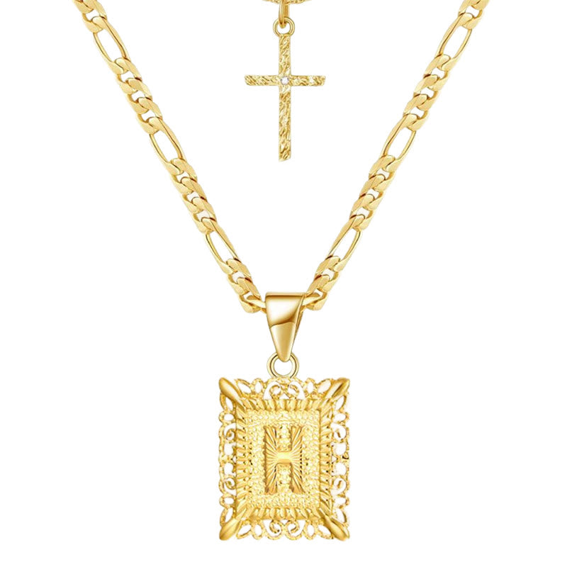 Goldene quadratische Buchstaben- und Kreuz-Halskette mit Doppelkette - H - image 10