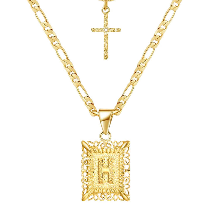 Goldene quadratische Buchstaben- und Kreuz-Halskette mit Doppelkette - H - image 10