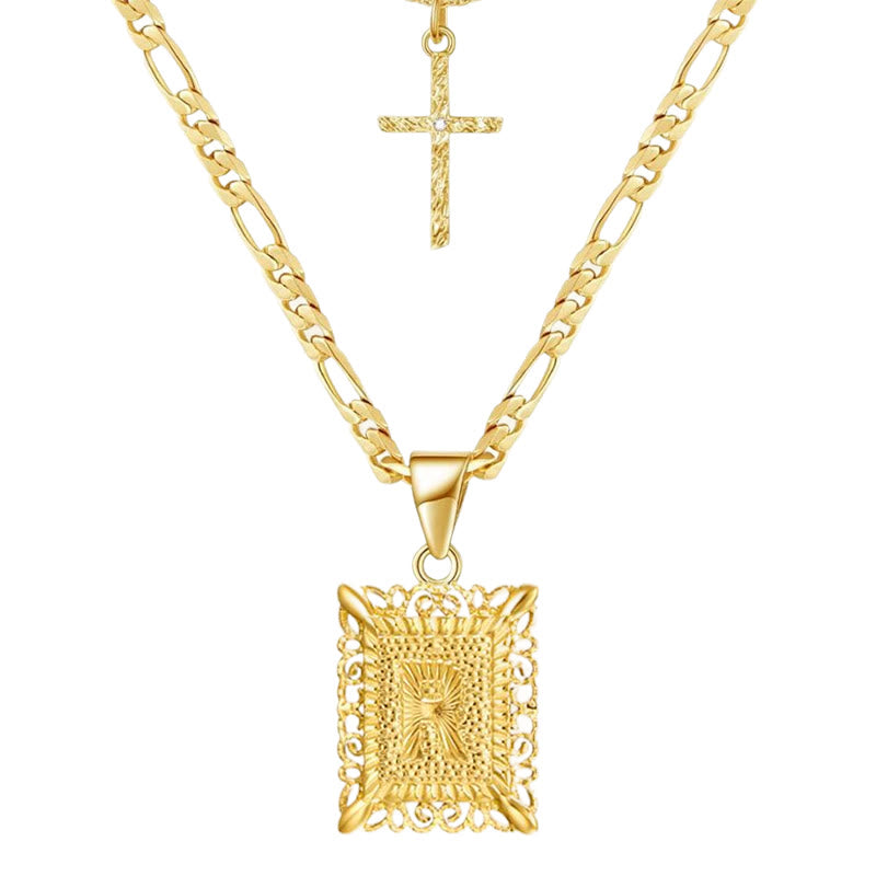 Goldene quadratische Buchstaben- und Kreuz-Halskette mit Doppelkette - R - image 20