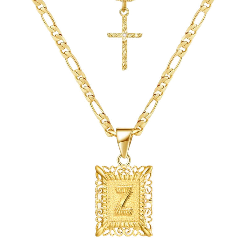 Goldene quadratische Buchstaben- und Kreuz-Halskette mit Doppelkette - Z - image 28