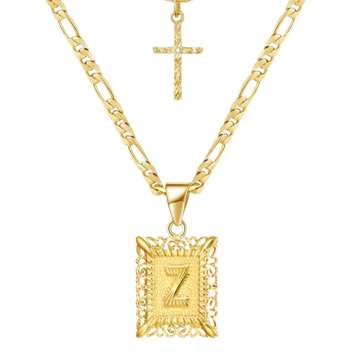 Goldene quadratische Buchstaben- und Kreuz-Halskette mit Doppelkette - Z - image 28