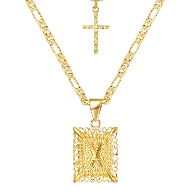 Goldene quadratische Buchstaben- und Kreuz-Halskette mit Doppelkette - X - image 26