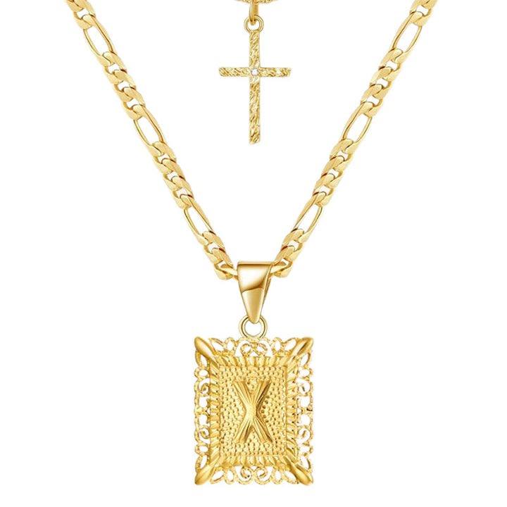 Goldene quadratische Buchstaben- und Kreuz-Halskette mit Doppelkette - X - image 26