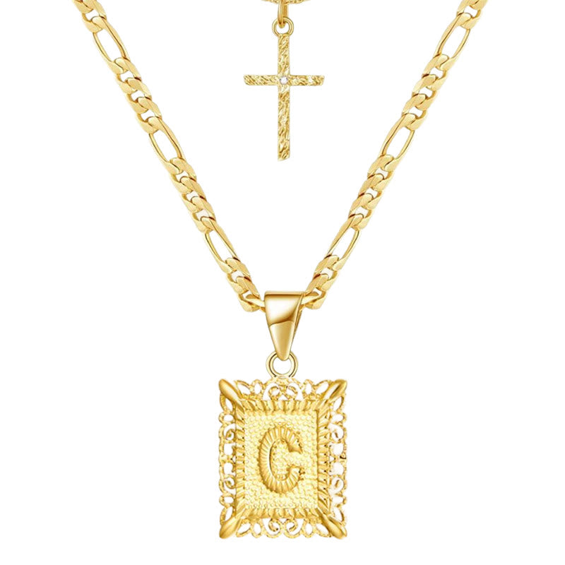 Goldene quadratische Buchstaben- und Kreuz-Halskette mit Doppelkette - C - image 5