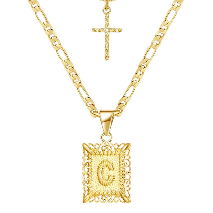 Goldene quadratische Buchstaben- und Kreuz-Halskette mit Doppelkette - C - image 5