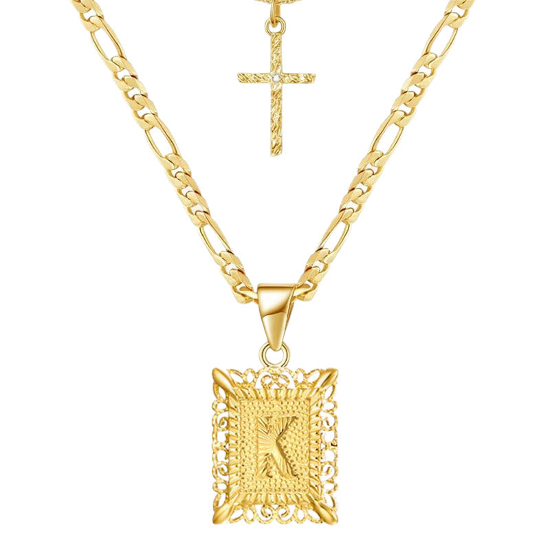 Goldene quadratische Buchstaben- und Kreuz-Halskette mit Doppelkette - K - image 13