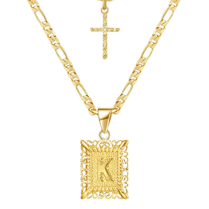Goldene quadratische Buchstaben- und Kreuz-Halskette mit Doppelkette - K - image 13