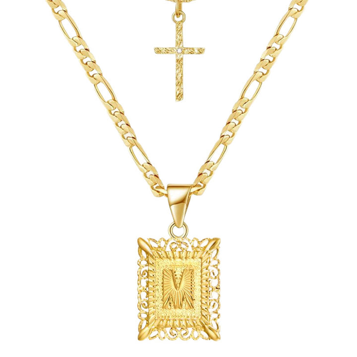 Goldene quadratische Buchstaben- und Kreuz-Halskette mit Doppelkette - M - image 15
