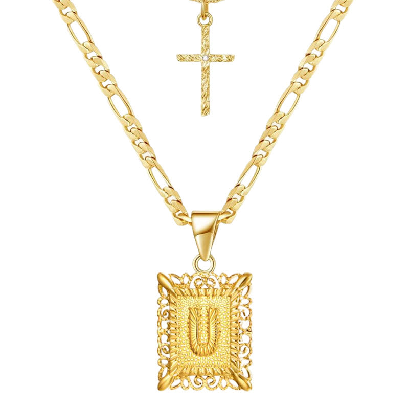 Goldene quadratische Buchstaben- und Kreuz-Halskette mit Doppelkette - U - image 23