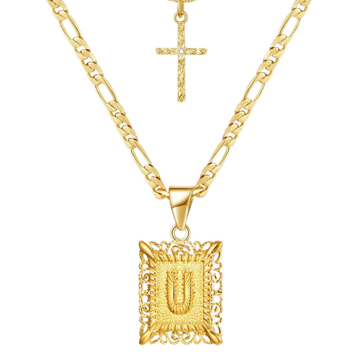 Goldene quadratische Buchstaben- und Kreuz-Halskette mit Doppelkette - U - image 23