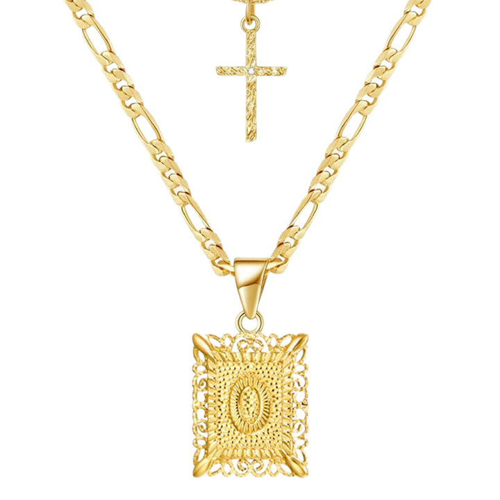 Goldene quadratische Buchstaben- und Kreuz-Halskette mit Doppelkette - O - image 17