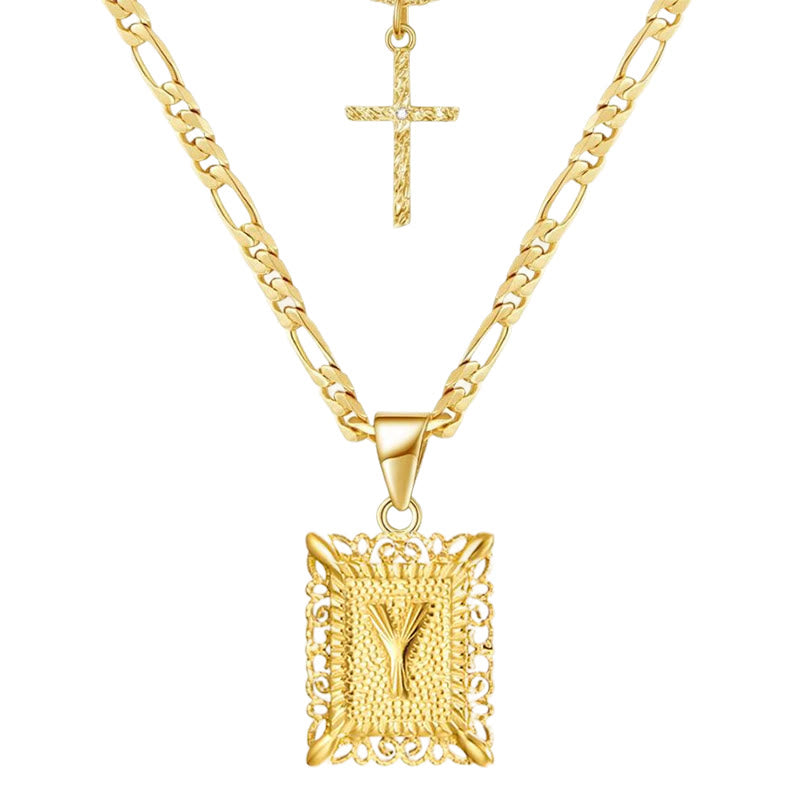 Goldene quadratische Buchstaben- und Kreuz-Halskette mit Doppelkette - Y - image 27