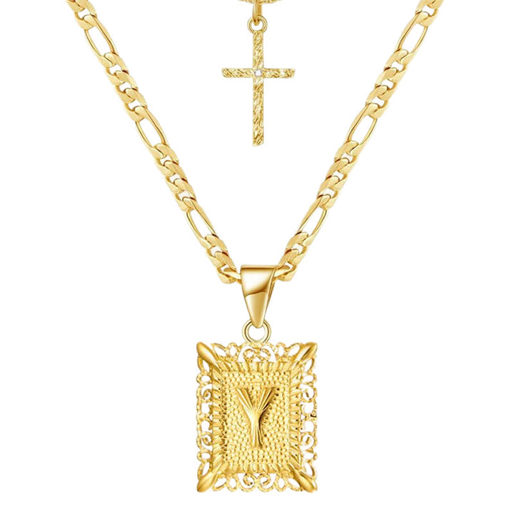 Goldene quadratische Buchstaben- und Kreuz-Halskette mit Doppelkette - Y - image 27